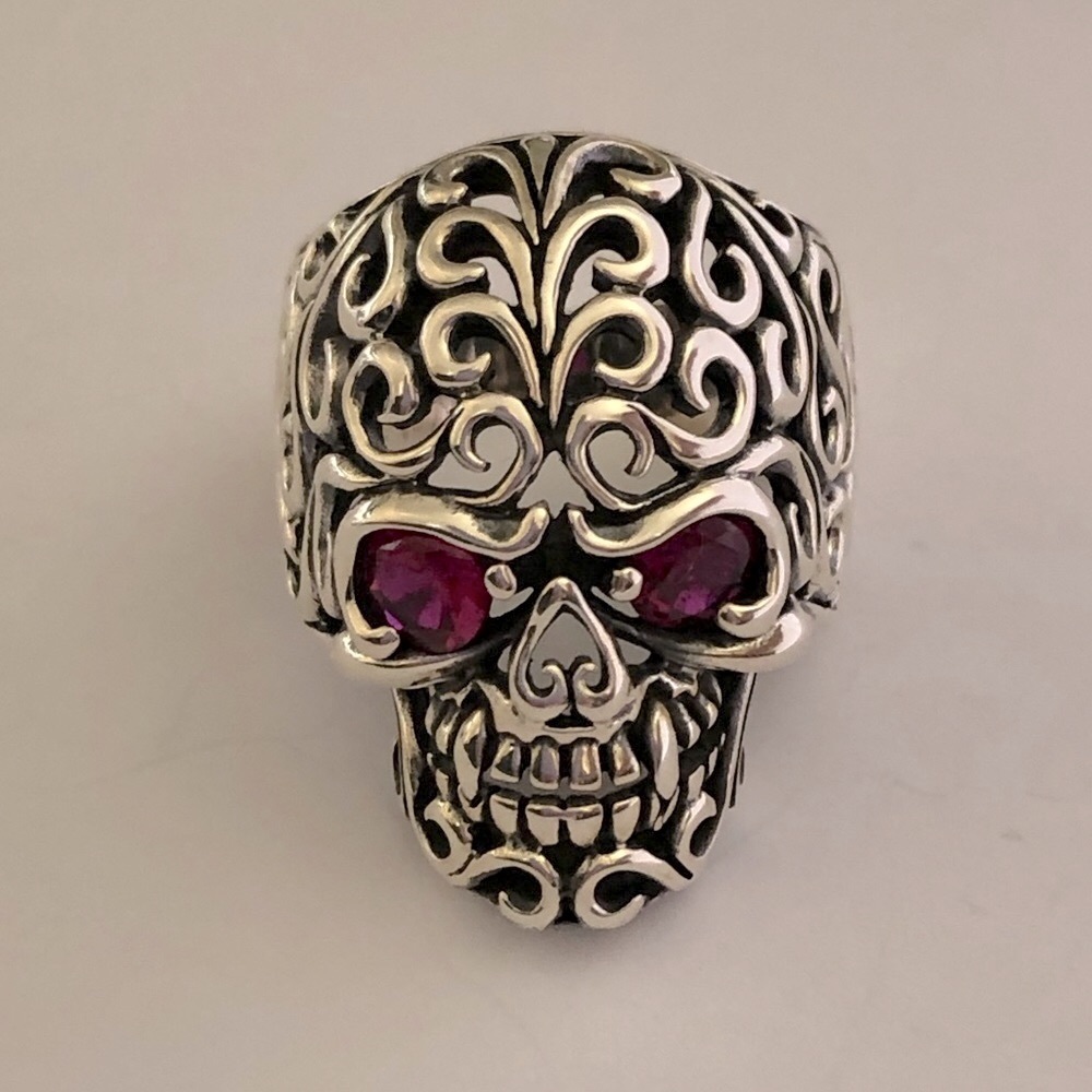 925 silver size 7.5 biker skull ring cz eye unisex - Picture 3 of 5